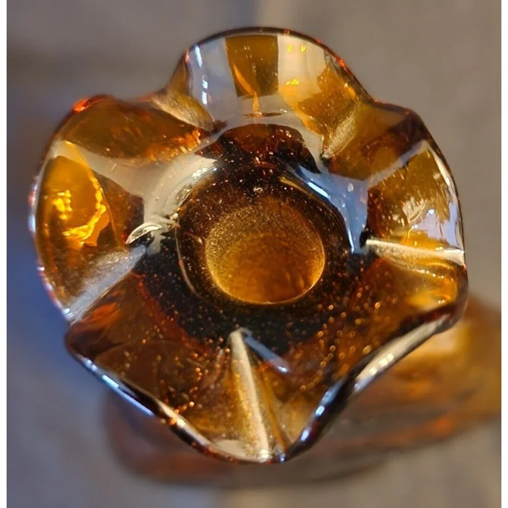 Vintage Amber Glass Bottle Vase Ruffled Mouth with Shamrock Clover Design - Picture 3 of 6